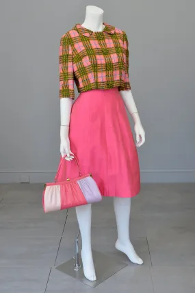 1950s Hot Pink   Olive Green Plaid Bolero Blazer