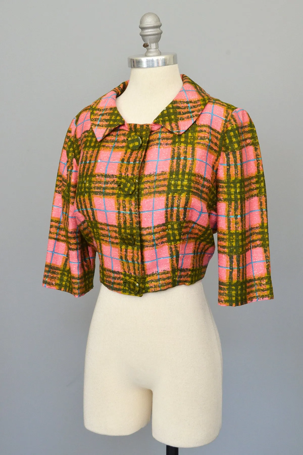 1950s Hot Pink   Olive Green Plaid Bolero Blazer