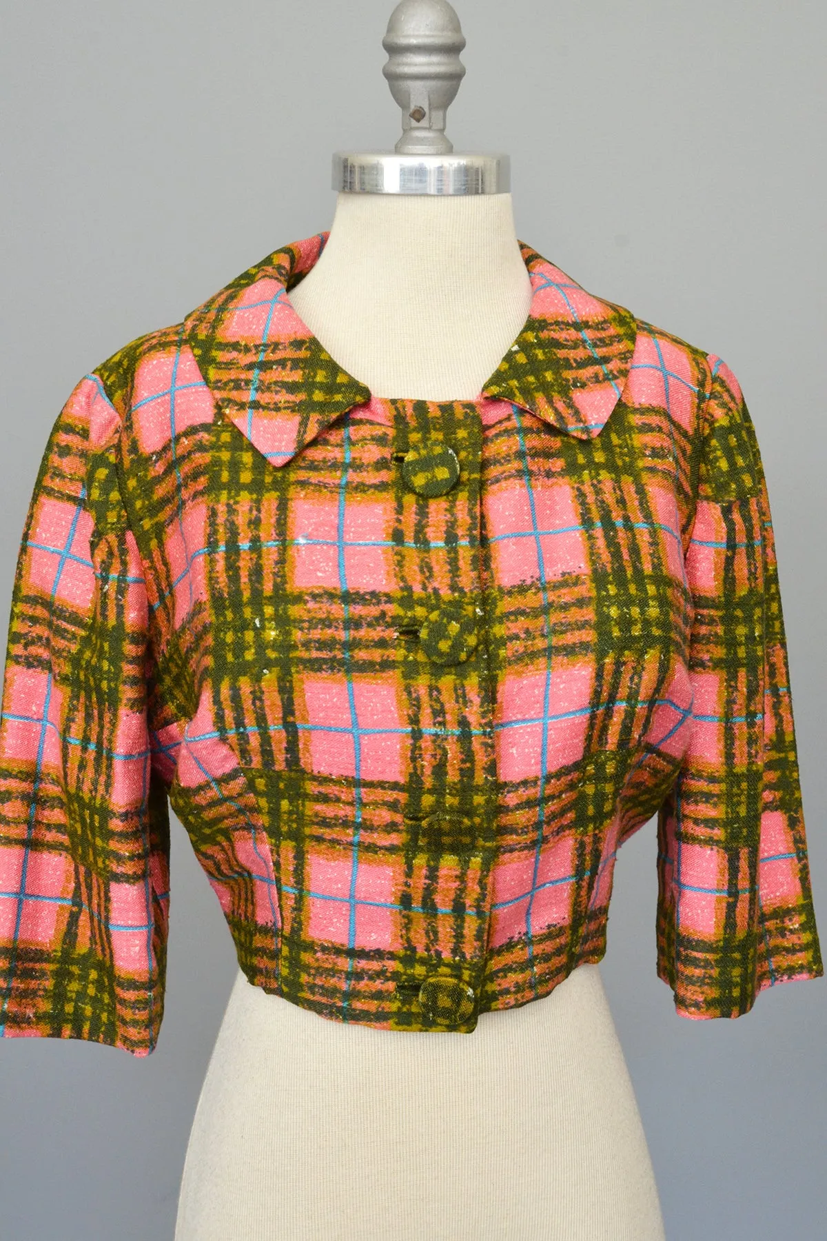 1950s Hot Pink   Olive Green Plaid Bolero Blazer