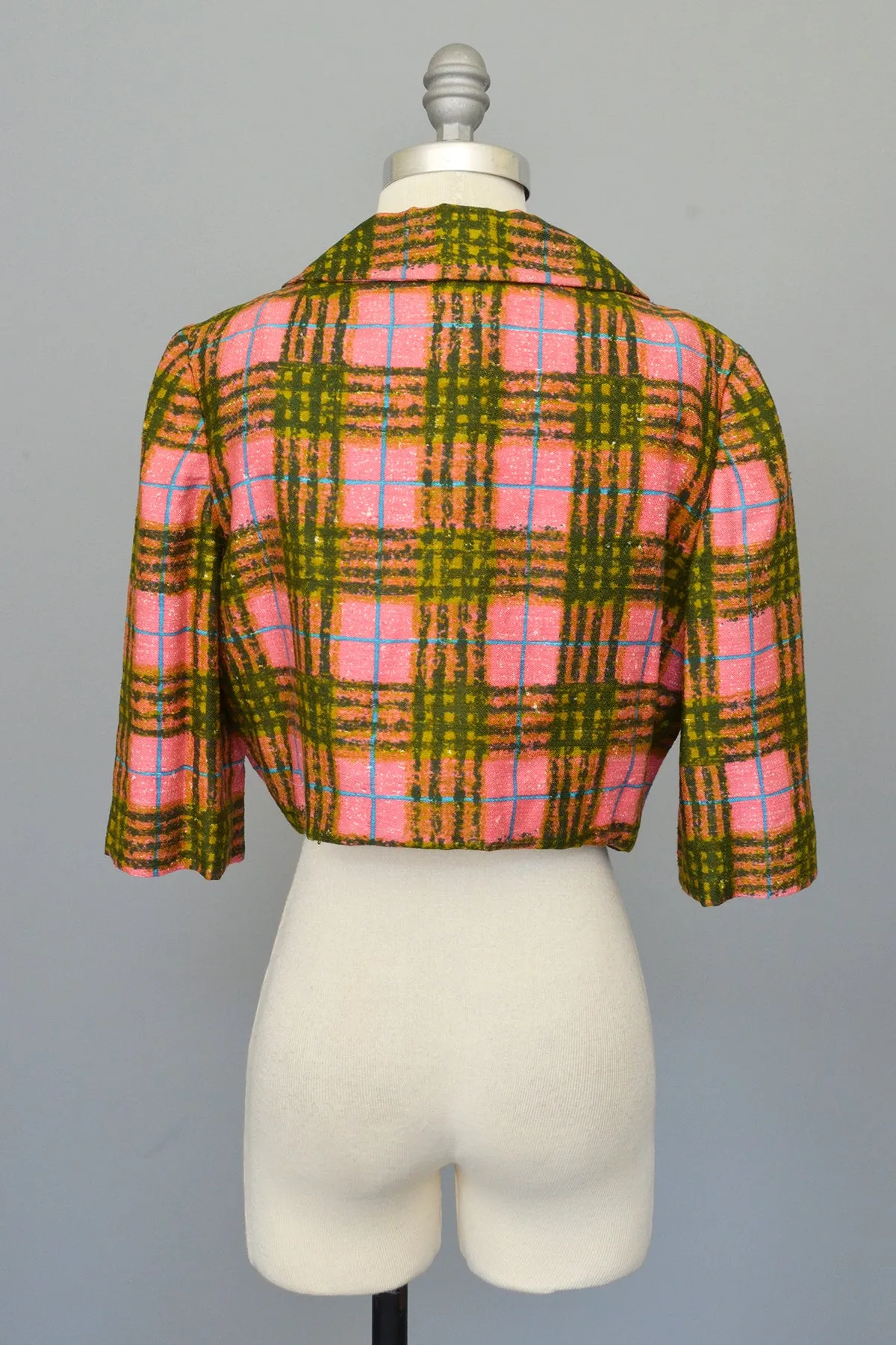 1950s Hot Pink   Olive Green Plaid Bolero Blazer