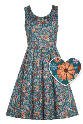 Amanda Peacock Blue Scoop Neck Retro Floral Print Dress