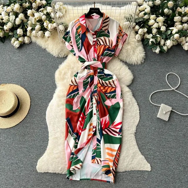 American Retro Lapel Dresses Light Mature Style Single Breasted Printed Dress Pleated Slim Temperament Long Clothes S4575849