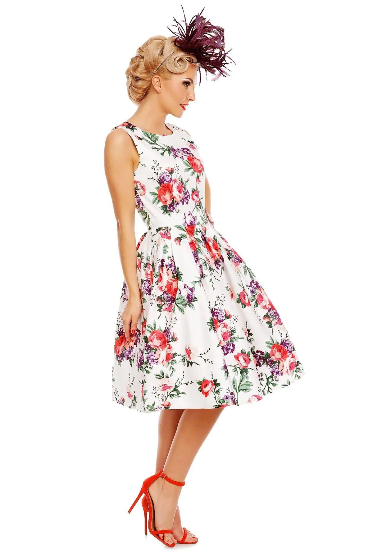 Annie Retro Floral Swing Dress in White