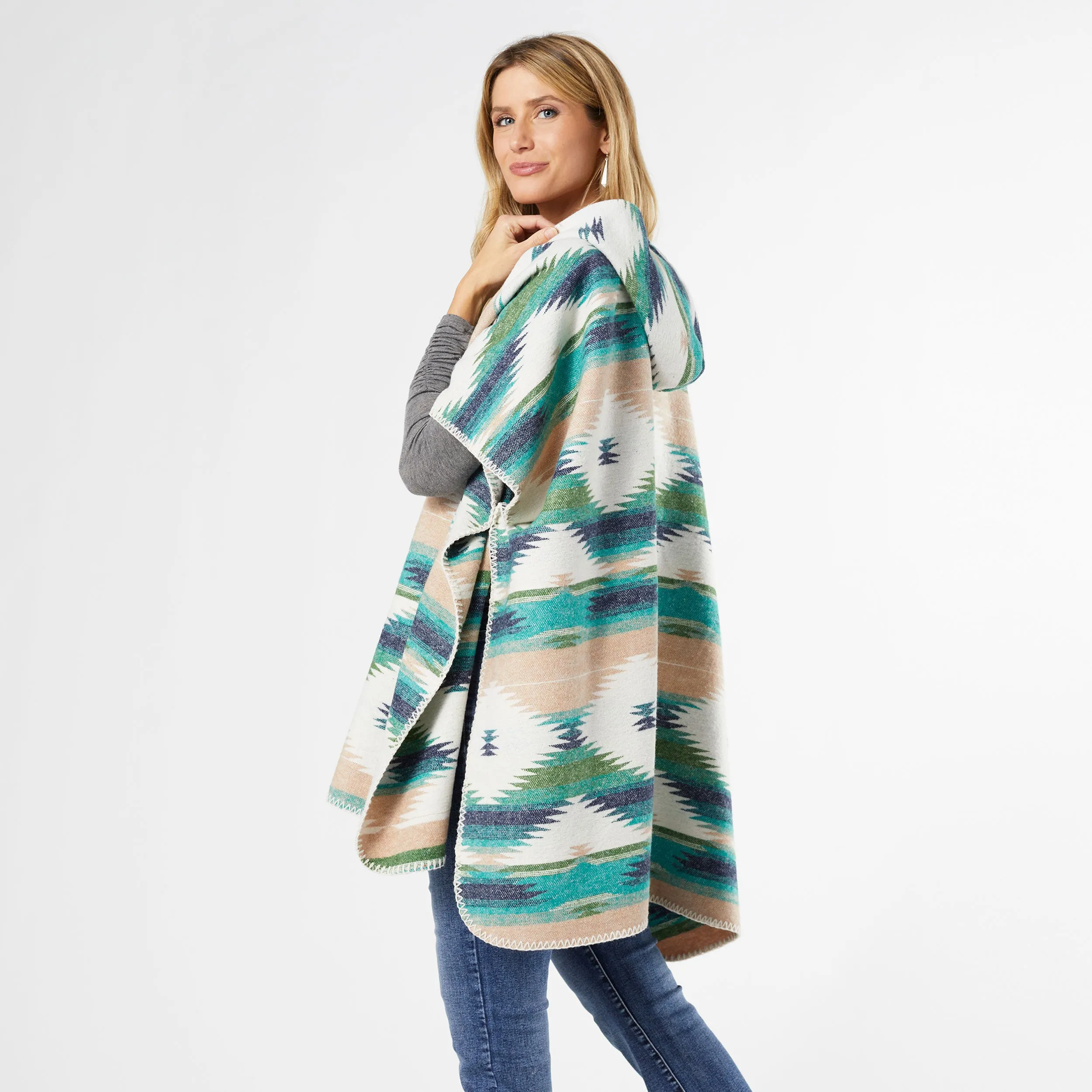 Autumn Dreams Hooded Ruana - Ivory/Teal