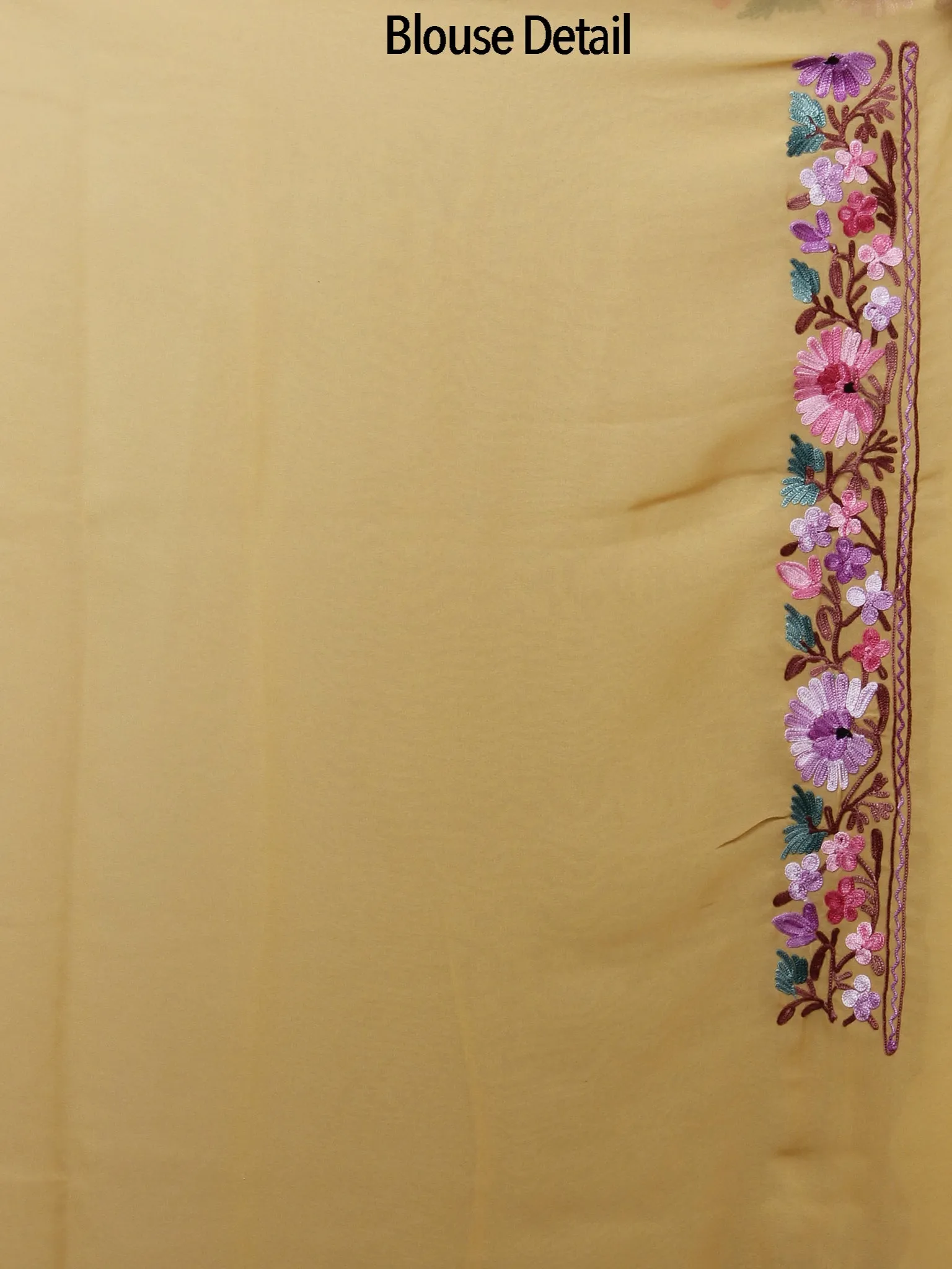 Beige Lavender Green Brown Aari Embroidered Chiffon Saree From Kashmir  - S031702164