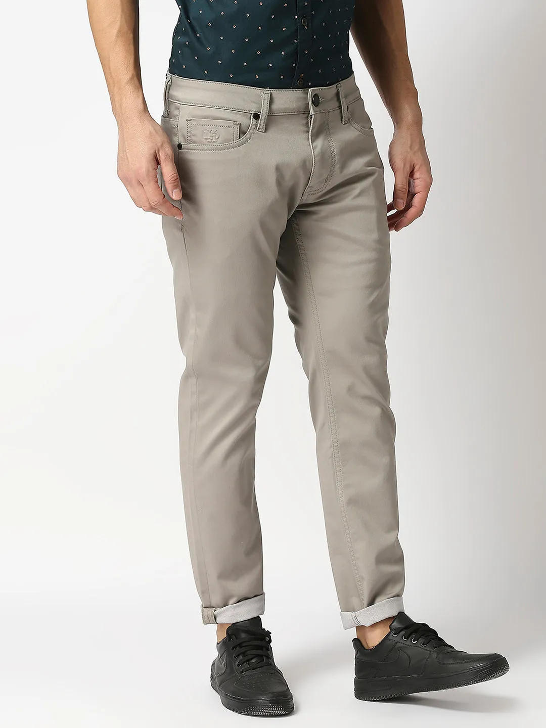 Beige Slim Tapered Cotton Stretch Jeans