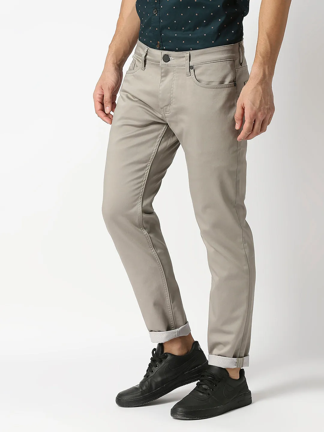 Beige Slim Tapered Cotton Stretch Jeans