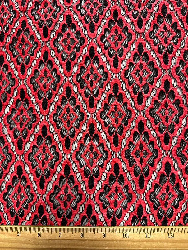 Black and Red Diamond Embroidered Stretch Lace Fabric