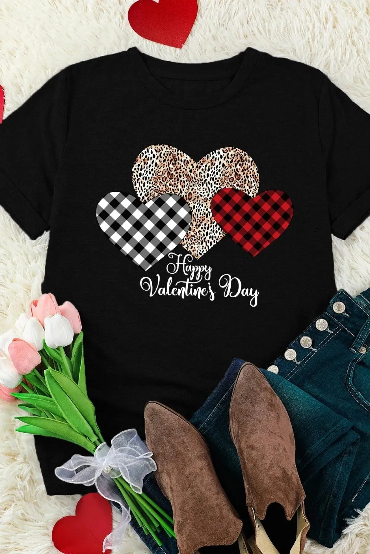 Black Happy Valentine's Day Hearts Print Short Sleeve T-Shirt