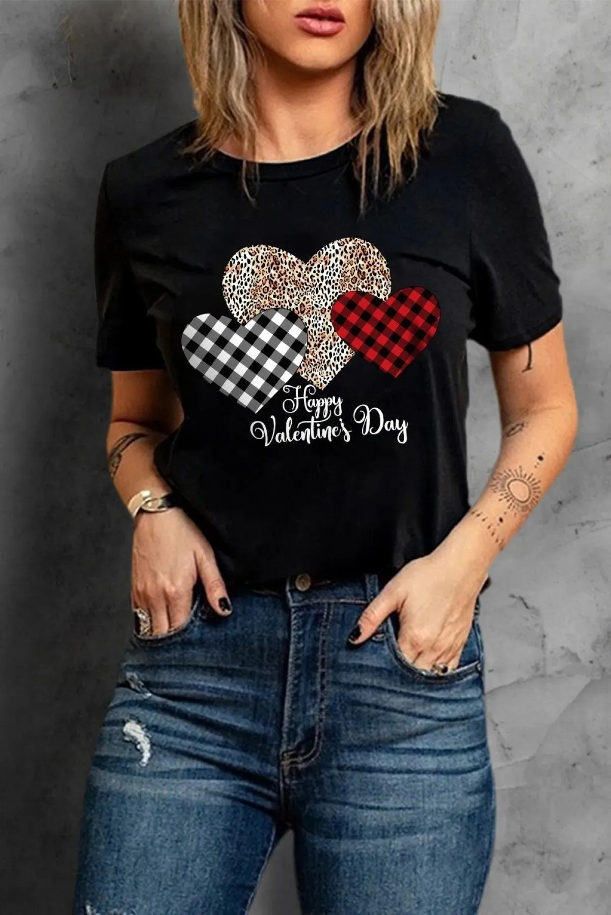 Black Happy Valentine's Day Hearts Print Short Sleeve T-Shirt