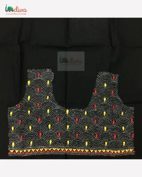 Black Kantha Blouse Fabric With Red & Yellow Motifs