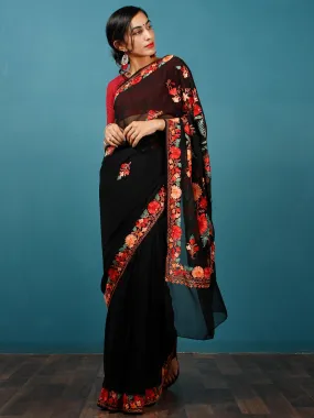 Black Red Green Aari Embroidered Crepe Silk Saree From Kashmir  - S031703055