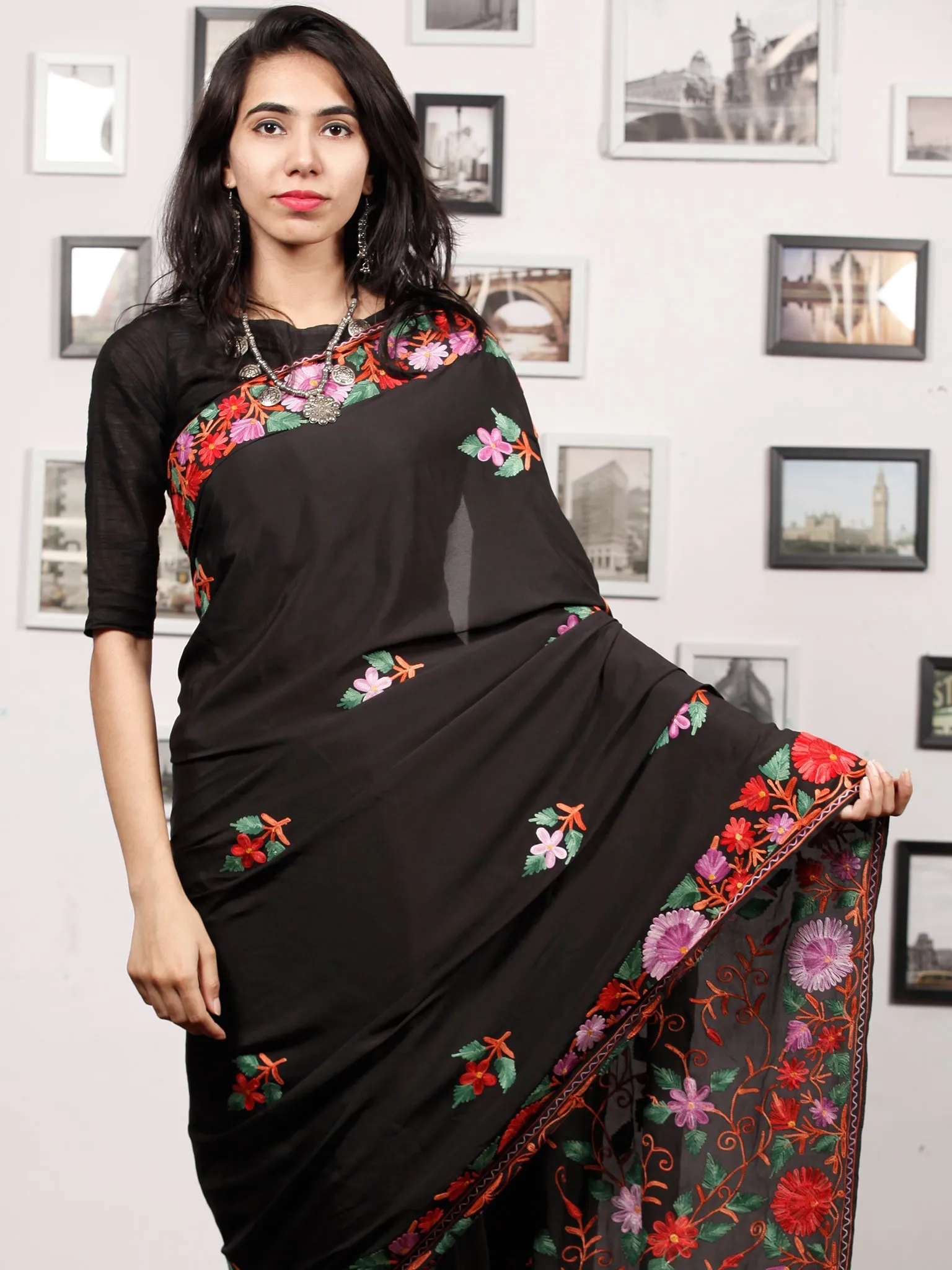 Black Red Lilac Green Aari Embroidered Bhagalpuri Silk Saree From Kashmir  - S031704066