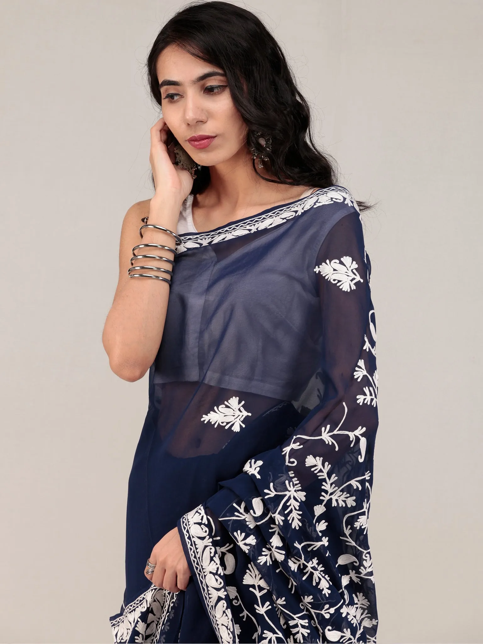 Blue Aari Embroidered Georgette Saree From Kashmir - S031704635