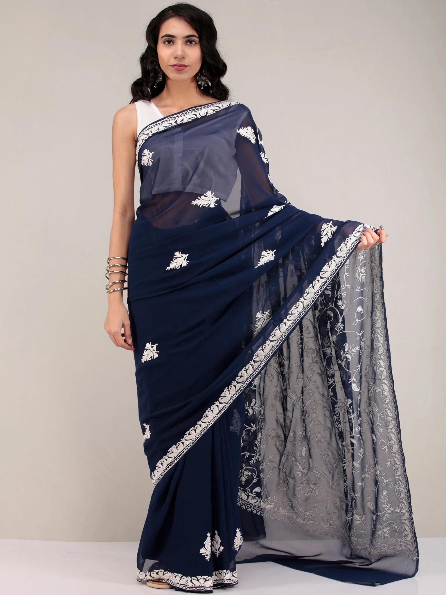 Blue Aari Embroidered Georgette Saree From Kashmir - S031704635