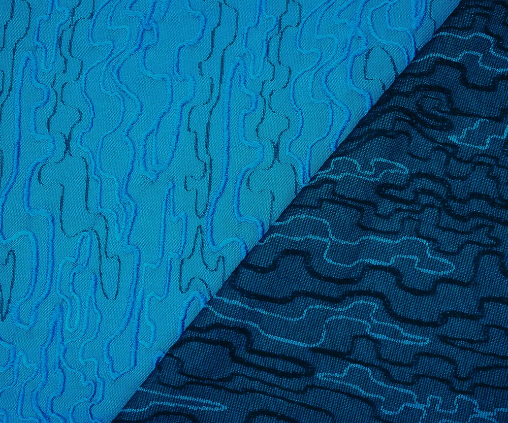 Blue-Black Polyester Abstract Embroidered Jacquard Woven Fabric