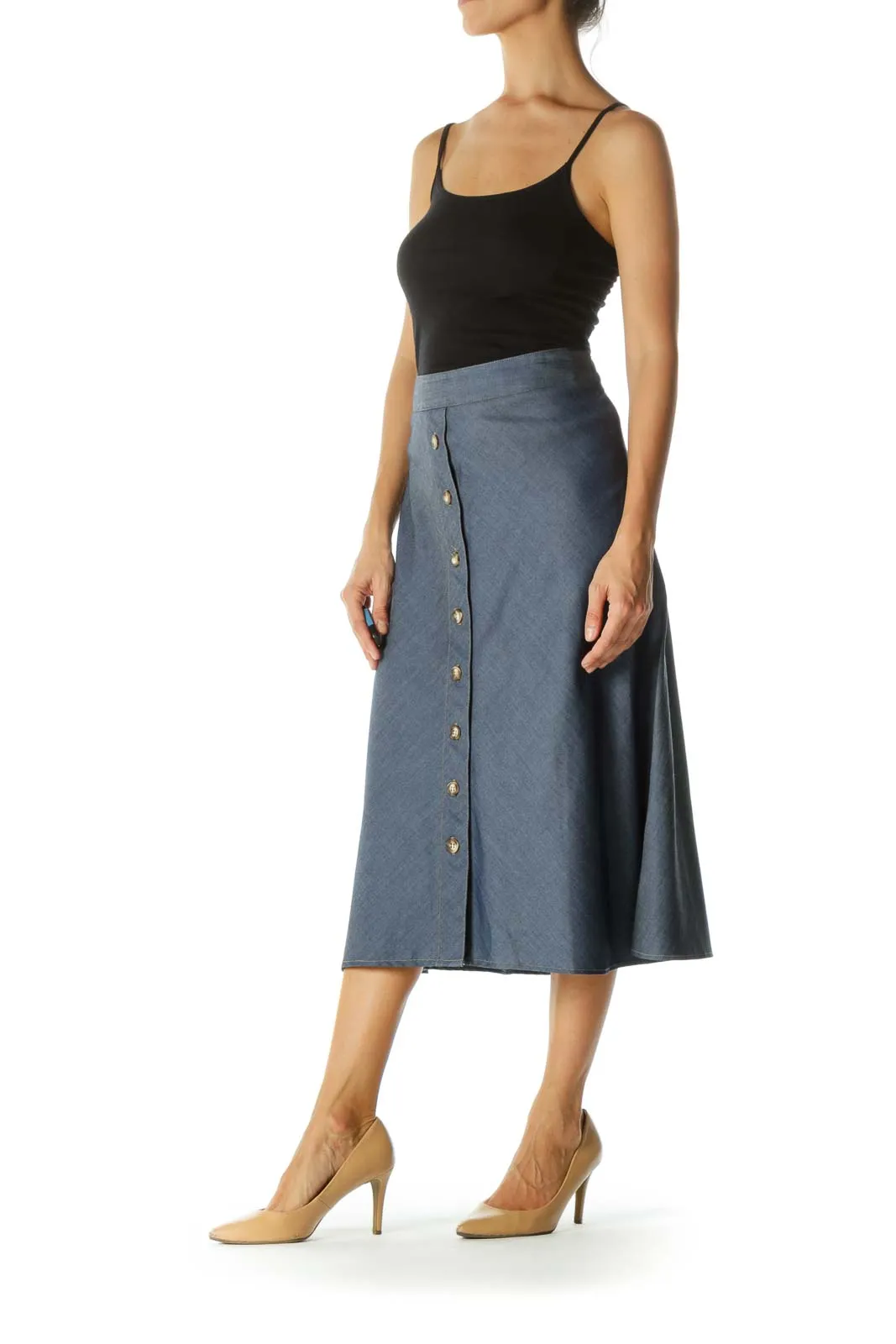 Blue Buttoned Flared Midi Skirt