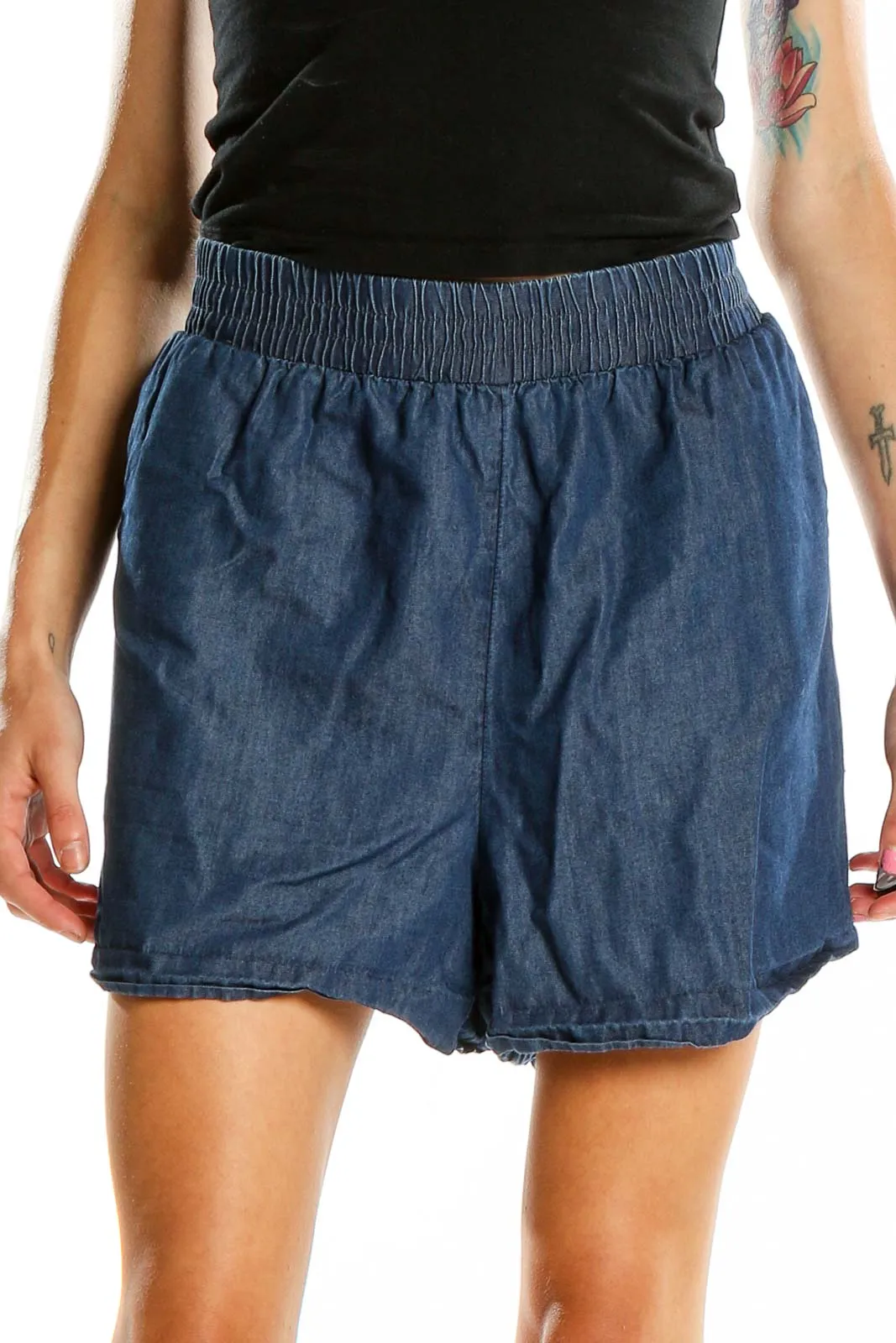 Blue Cotton-Lyocell Blend Casual Shorts