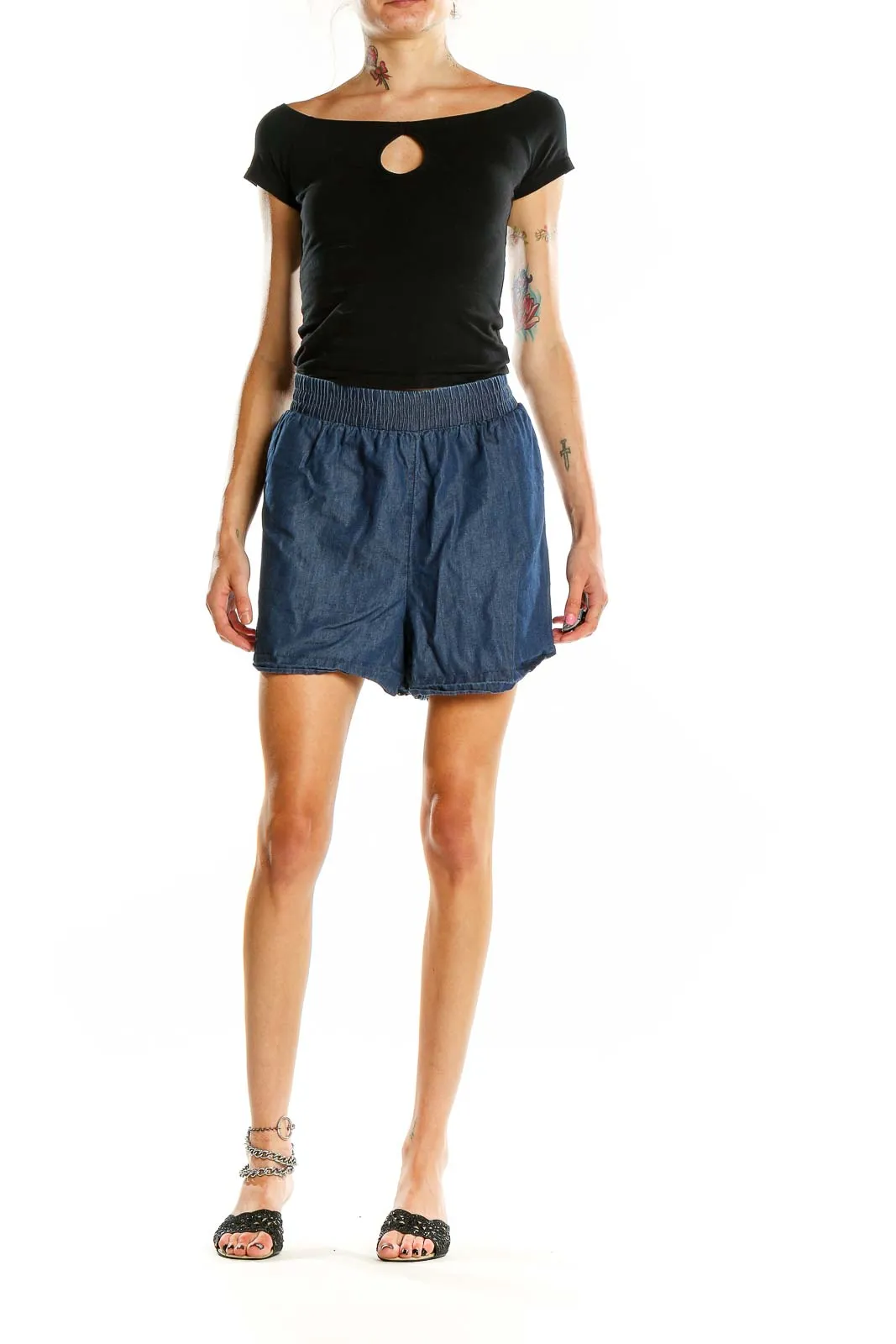 Blue Cotton-Lyocell Blend Casual Shorts