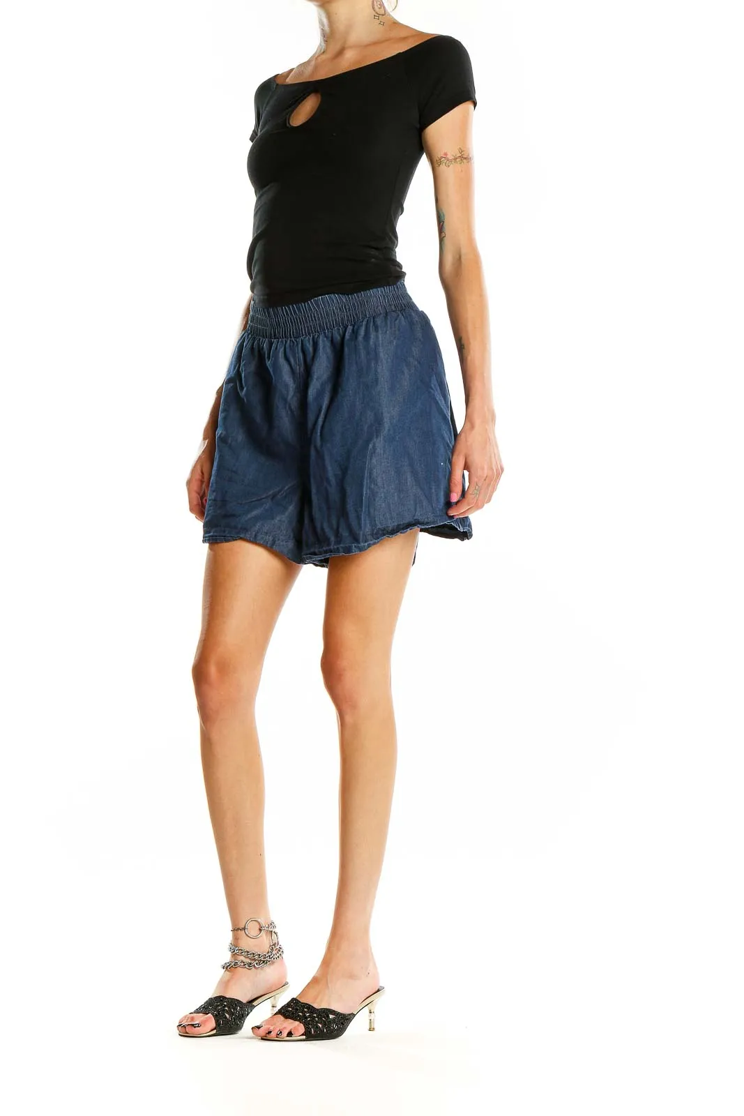 Blue Cotton-Lyocell Blend Casual Shorts