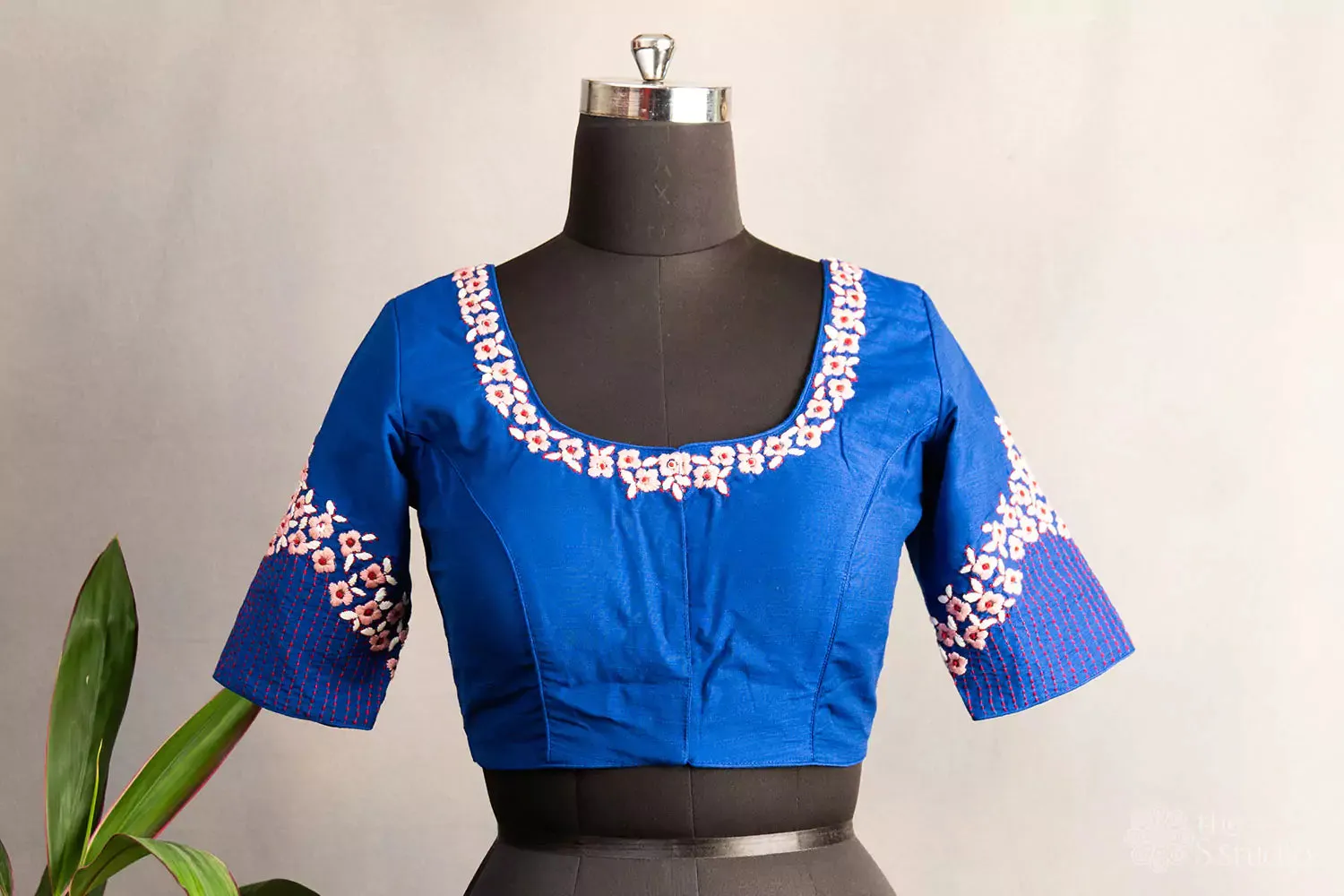 Blue hand  embroidered raw silk blouse with neck pattern