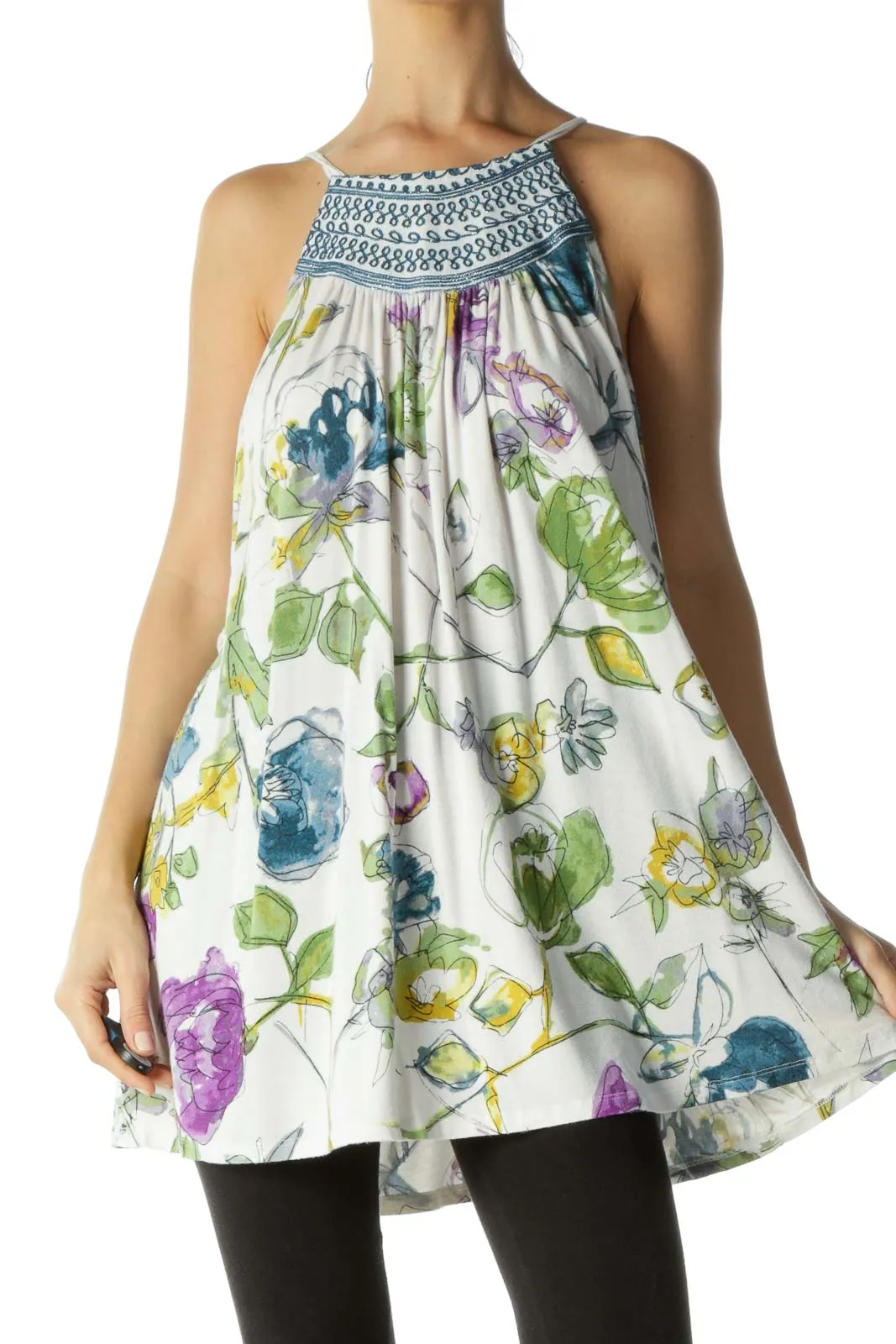 Blue Yellow Purple Floral Print Embroidered Neckline Flared Sleeveless Top