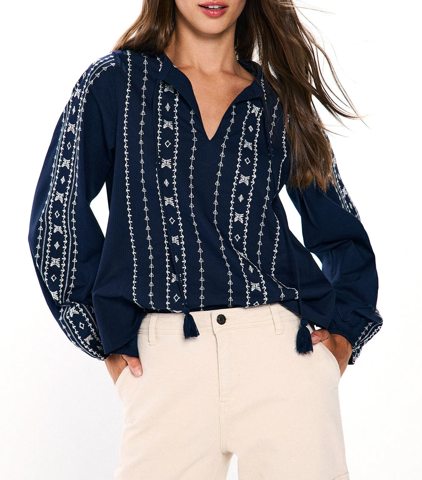 Boho Embroidered Borders Blouse Blue