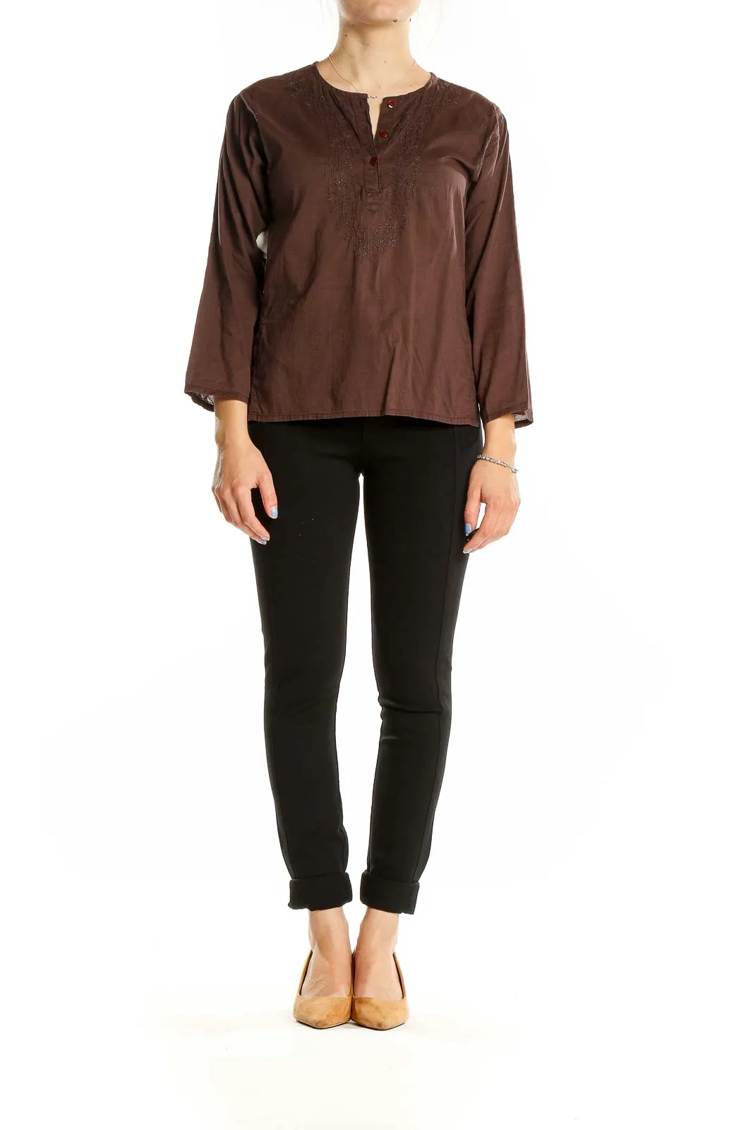 Brown Embroidered Cotton Tunic Top