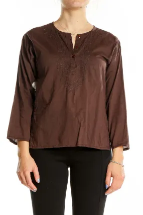 Brown Embroidered Cotton Tunic Top