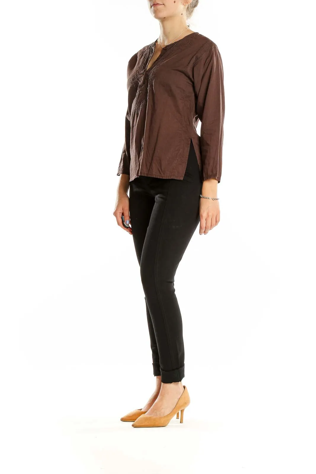 Brown Embroidered Cotton Tunic Top