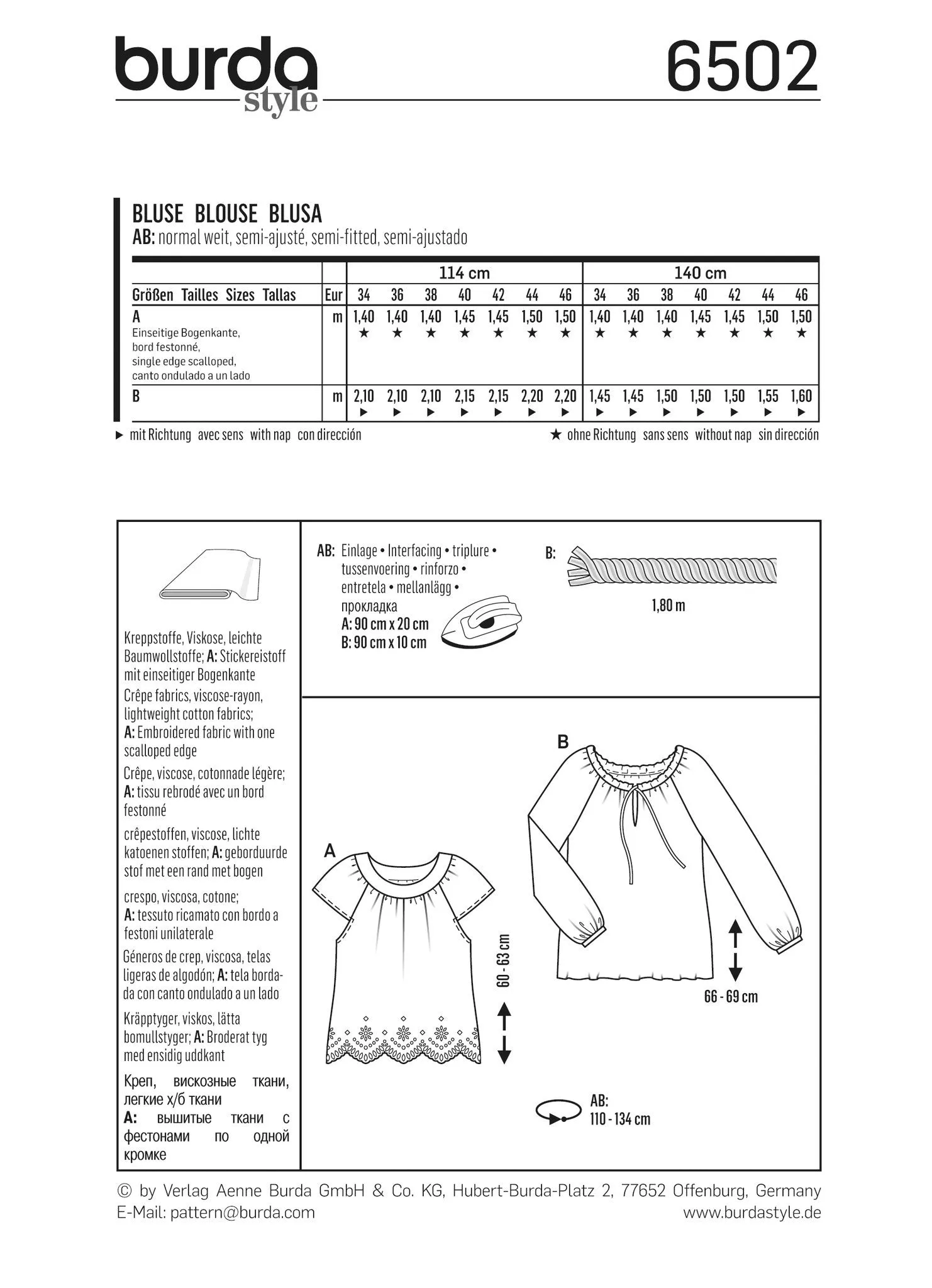 Burda Style Pattern 6502 Misses’  Peasant Blouses