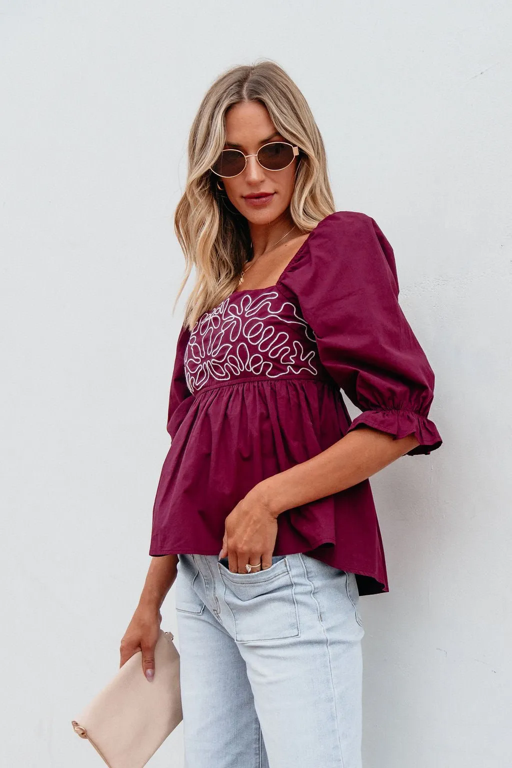 Burgundy Floral Print Textured Blouse