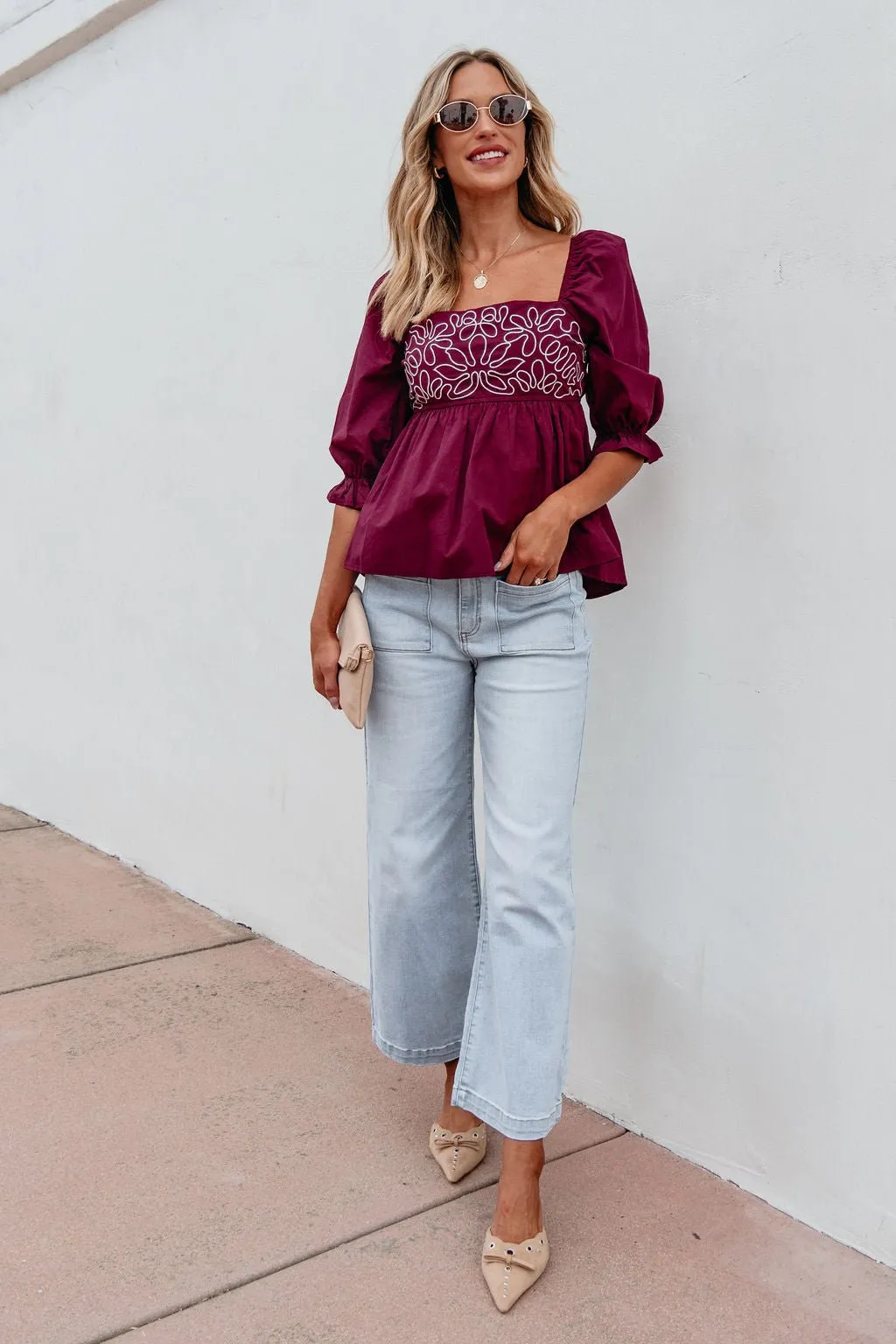 Burgundy Floral Print Textured Blouse