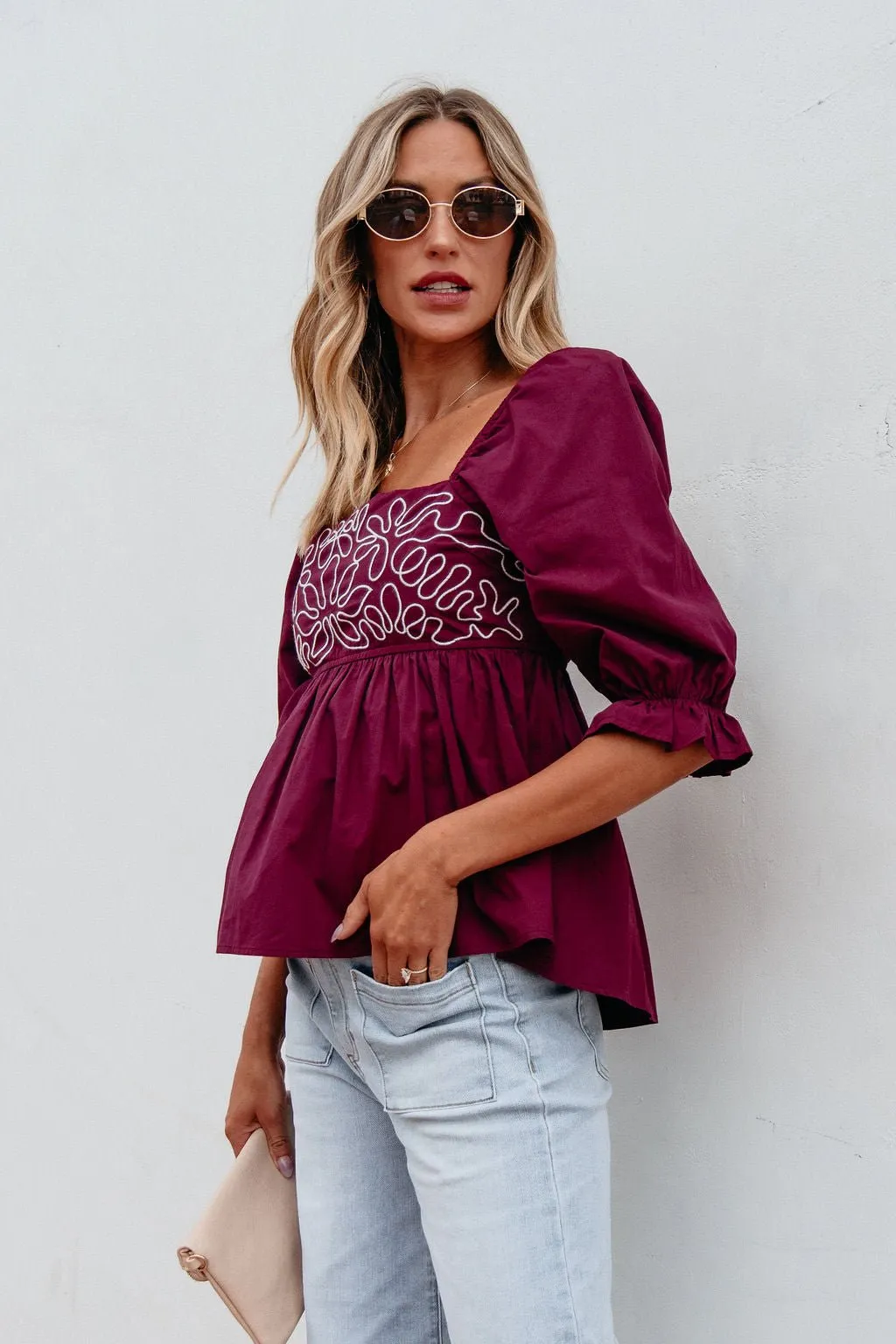 Burgundy Floral Print Textured Blouse