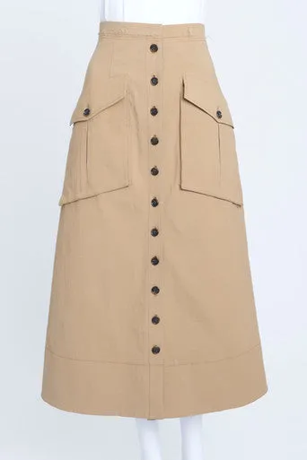 Camel Button Down Midi Skirt With Pockets