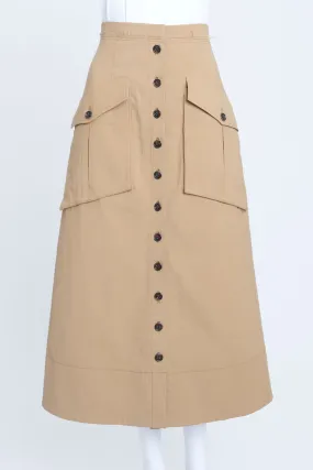 Camel Button Down Midi Skirt With Pockets