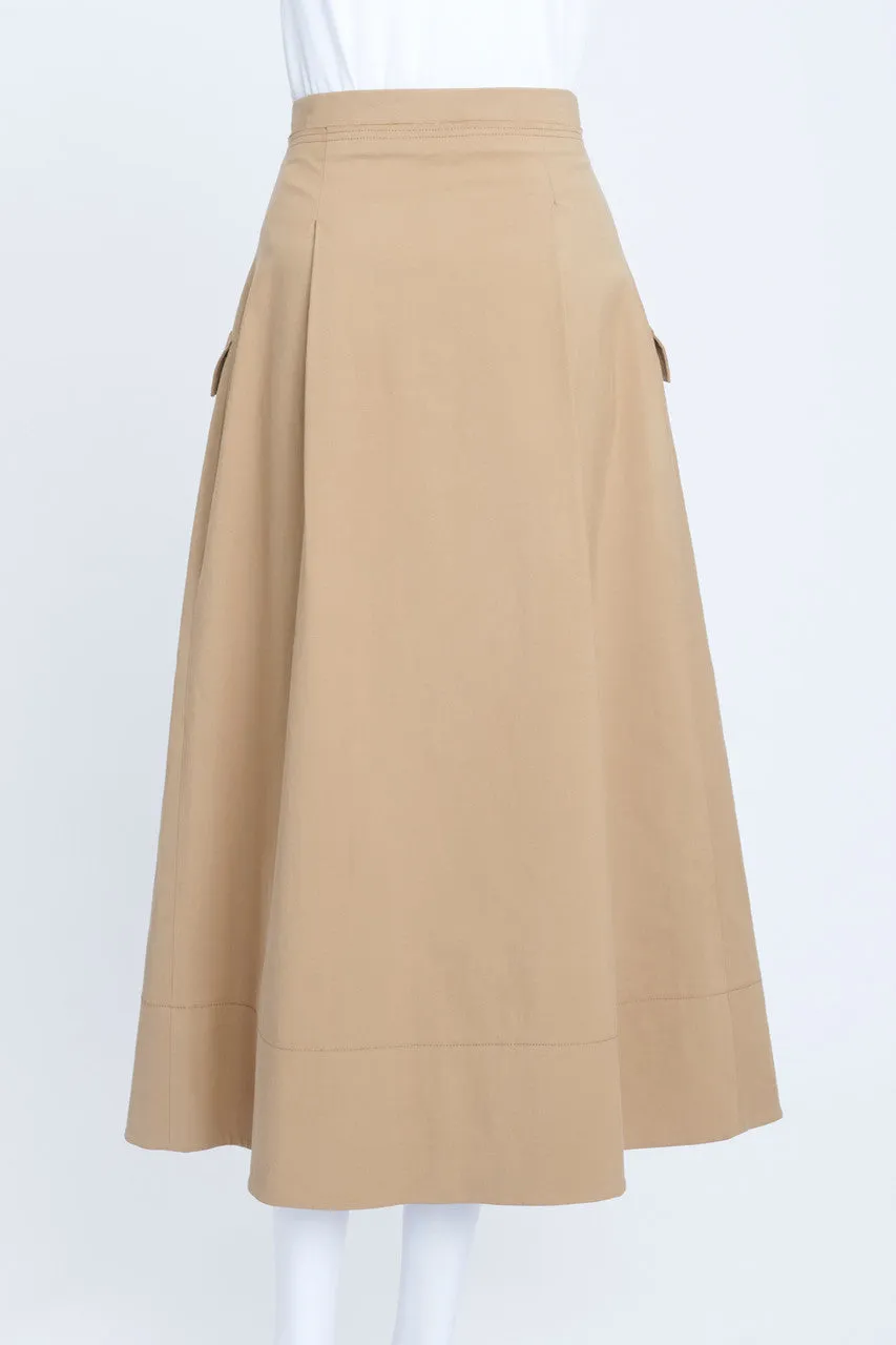 Camel Button Down Midi Skirt With Pockets