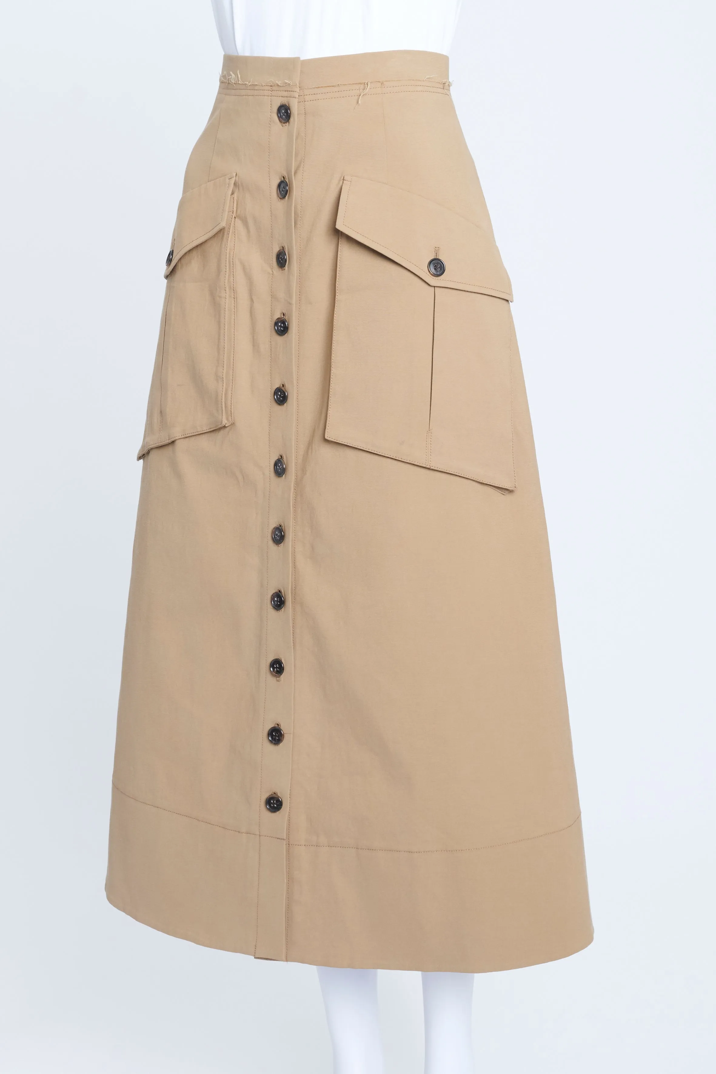 Camel Button Down Midi Skirt With Pockets