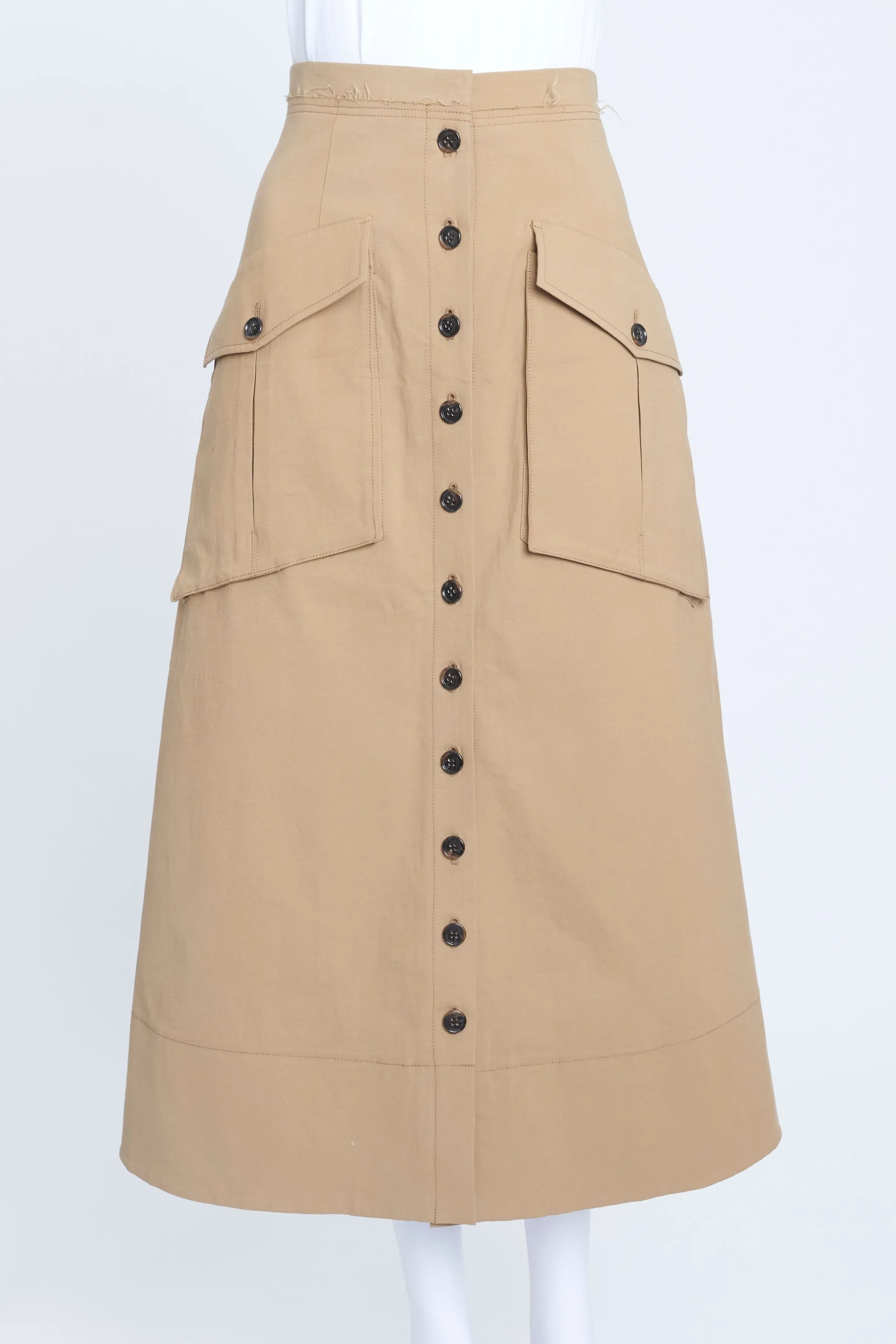 Camel Button Down Midi Skirt With Pockets