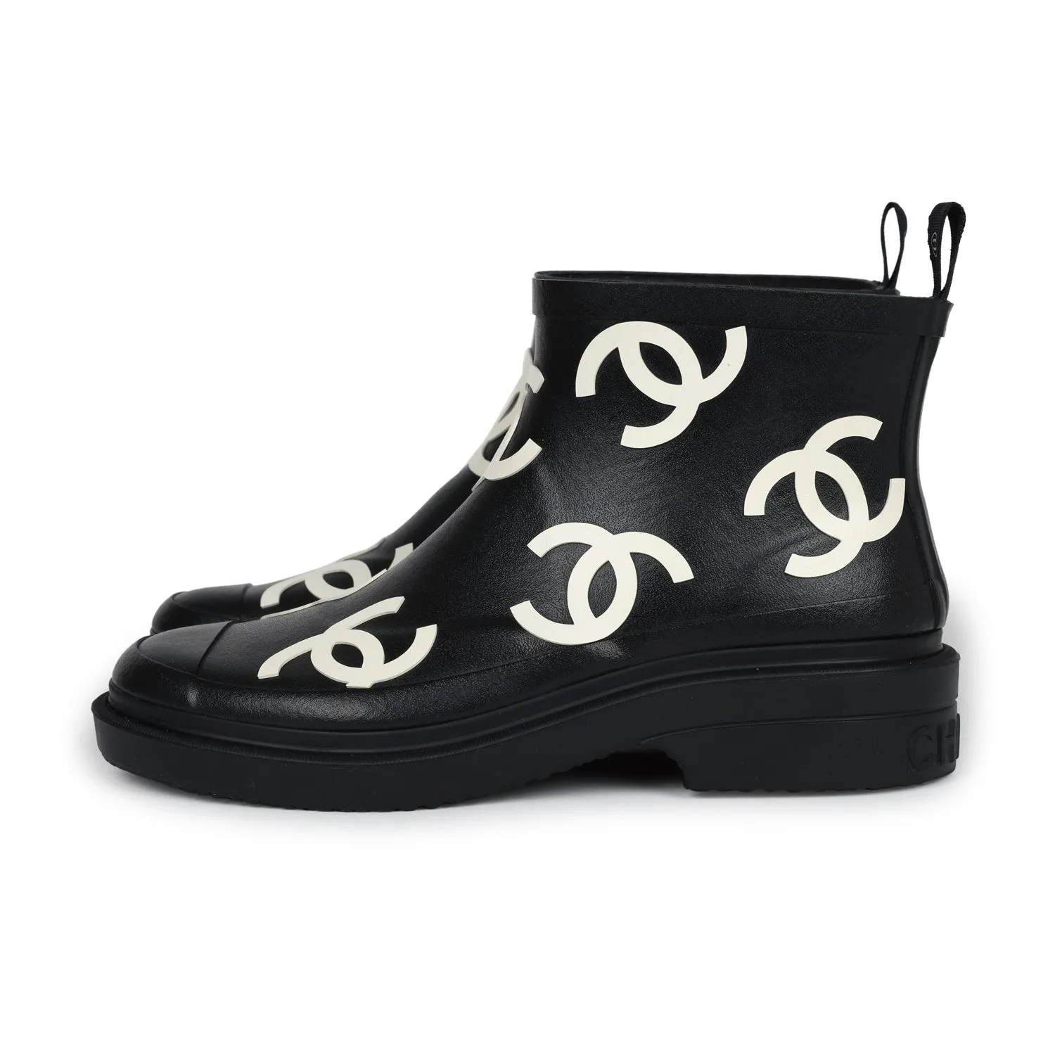 Chanel CC Caoutchouc Rain Boots Black/White Rubber 37 EU