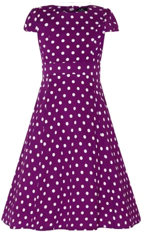 Claudia Vintage Inspired Children Dress in Purple with Off White Polka Dots