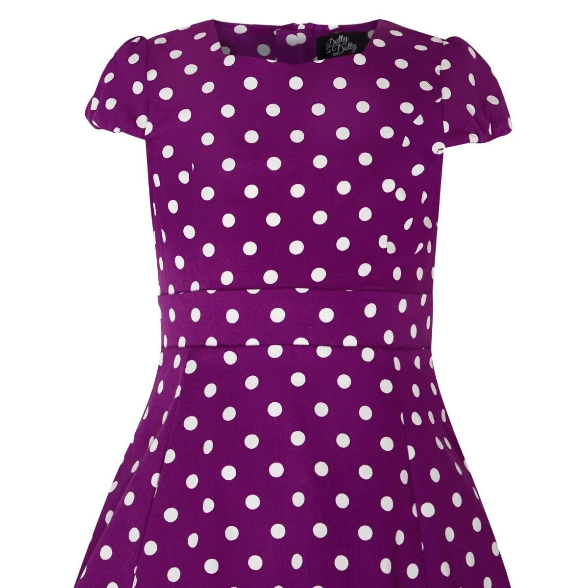 Claudia Vintage Inspired Children Dress in Purple with Off White Polka Dots