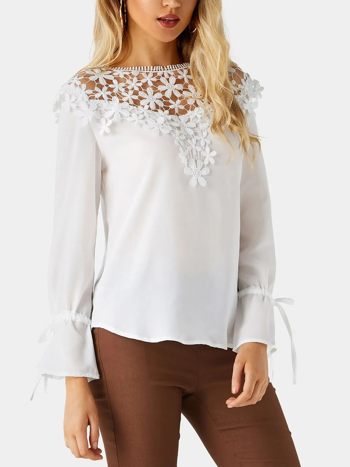 Custom Round Neck Embroidered Lace Long Sleeve Blouses