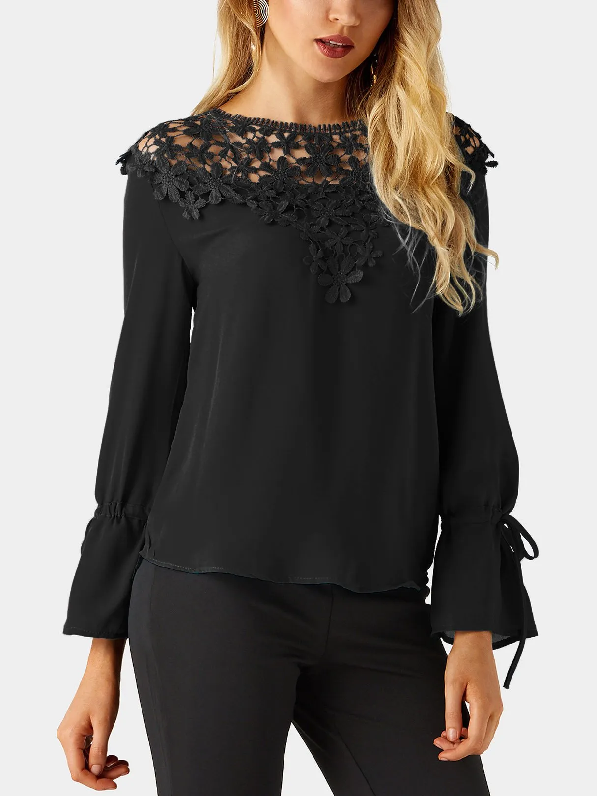 Custom Round Neck Embroidered Lace Long Sleeve Blouses