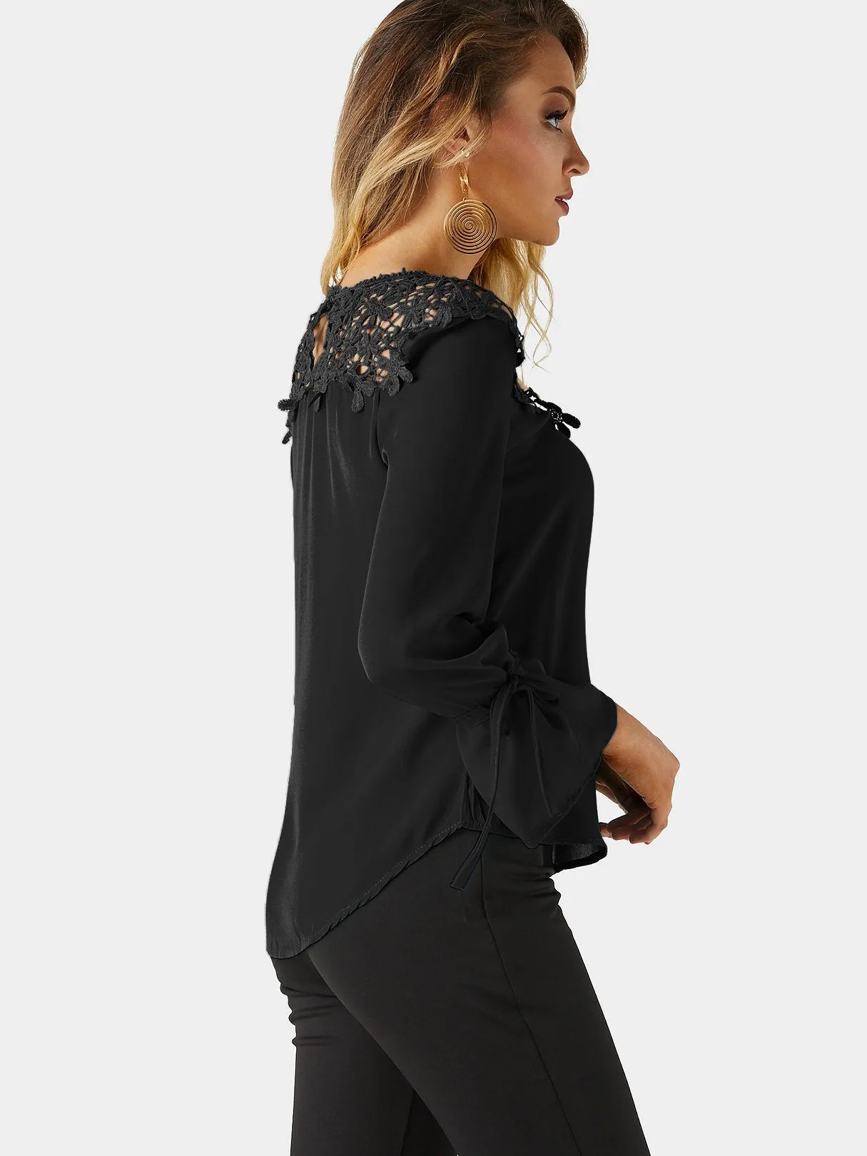 Custom Round Neck Embroidered Lace Long Sleeve Blouses