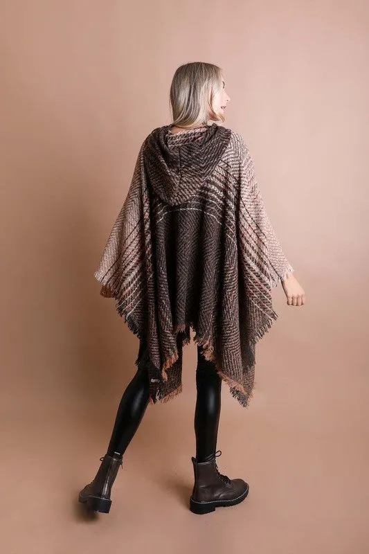 DS Herringbone Tweed Hooded Frayed Edge Poncho