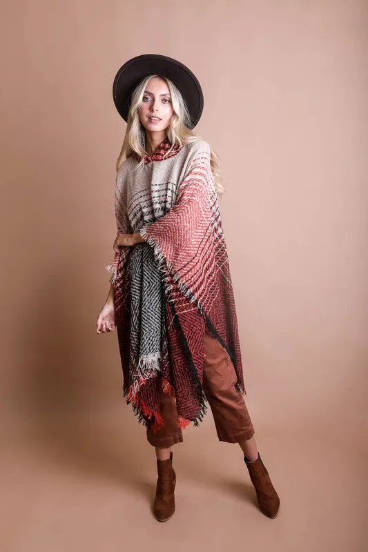 DS Herringbone Tweed Hooded Frayed Edge Poncho