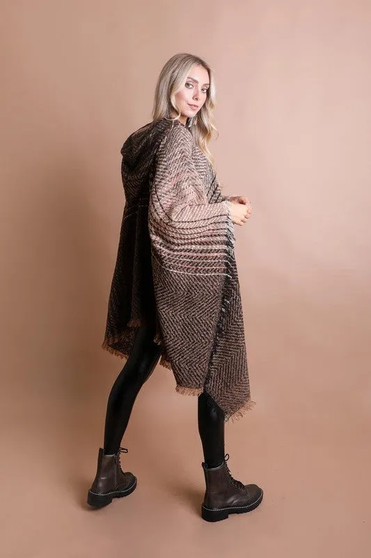 DS Herringbone Tweed Hooded Frayed Edge Poncho