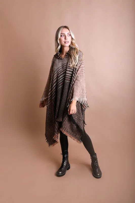 DS Herringbone Tweed Hooded Frayed Edge Poncho