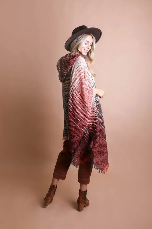 DS Herringbone Tweed Hooded Frayed Edge Poncho